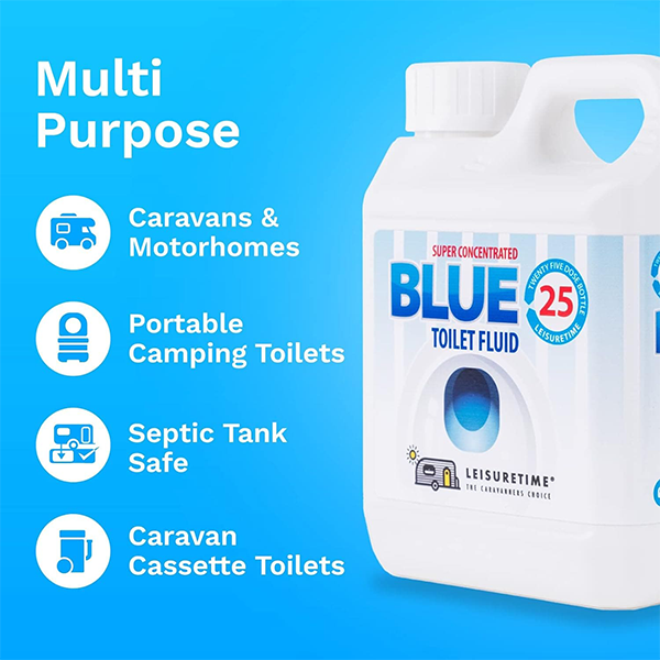 Leisuretime Blue Toilet Fluid bottle with a blue label, designed for effective toilet maintenance and odor control.