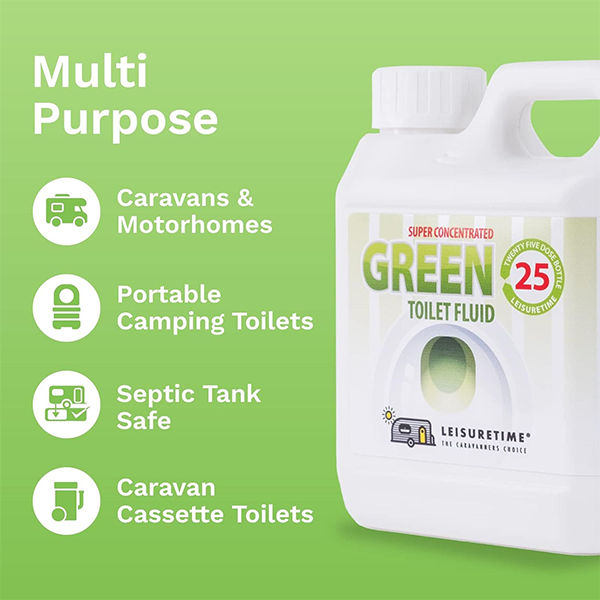 Leisuretime Green Toilet Fluid bottle with a bright green label, showcasing its eco-friendly formula for toilet maintenance.