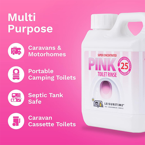 Leisuretime Pink Toilet Rinse bottle with bright pink liquid for effective toilet cleaning and maintenance.