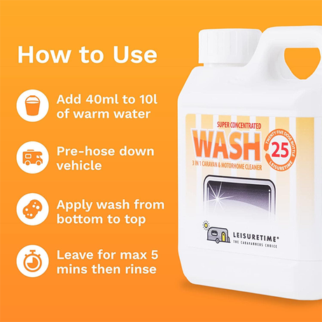 Leisuretime WASH 3-in-1 Cleaner bottle with label, designed for effective vehicle cleaning and maintenance.