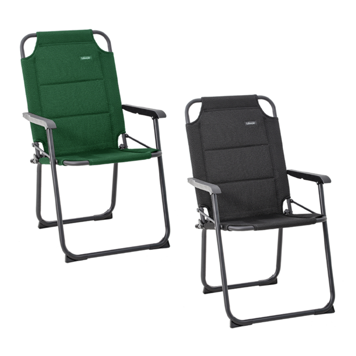 Navarra Leon folding chair in green or black, lightweight and portable with a sleek design, perfect for indoor and outdoor use.