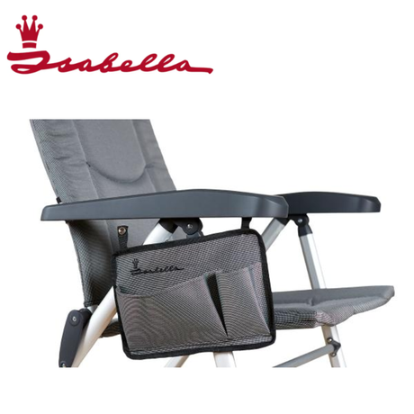 Isabella chair side pocket in dark grey, light grey, and blue hanging on a chair for convenient storage.