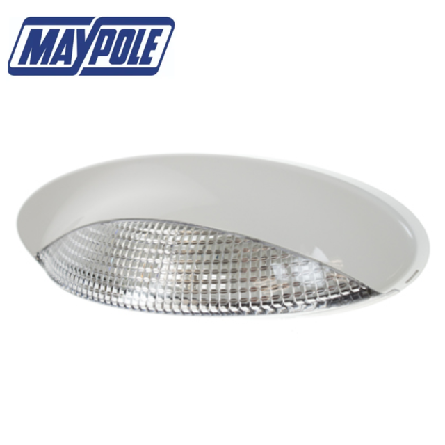 Maypole 12V 10W awning light with halogen bulb installed, showing the compact, weather-resistant design for outdoor use.