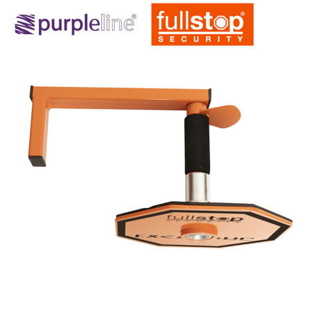 Purpleline Excalibur Wheel Lock in bright yellow, securely fitted on a wheel, showcasing its durable design and locking mechanism.