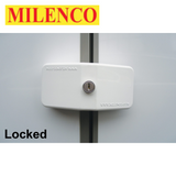 Milenco door frame lock, shown in locked position, designed for secure vehicle door security, available as single or triple pack.
