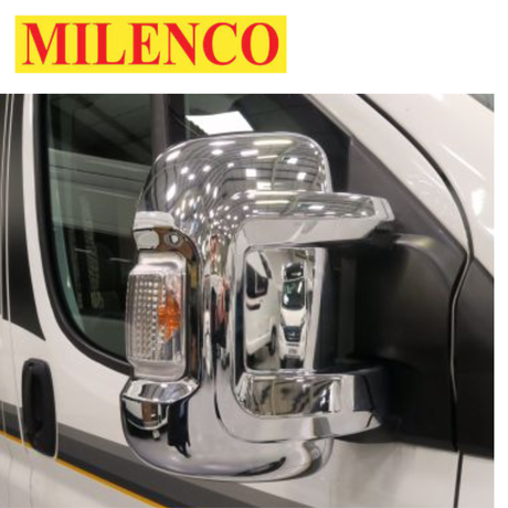 Milenco chrome mirror covers for long or short arm mirrors, showcasing a sleek design and durable protection.