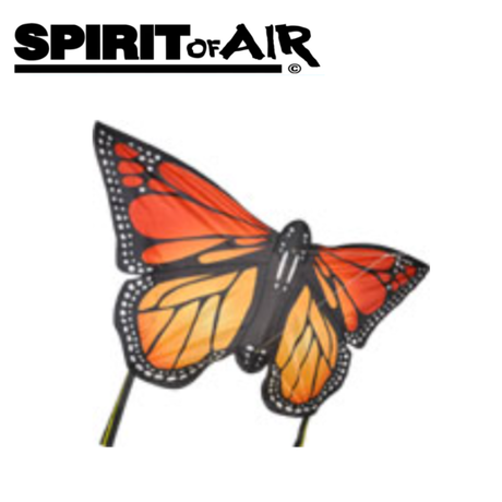 Large Spirit of Air Monarch Butterfly kite flying outdoors with vibrant orange and black wings against a blue sky.