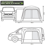 Outdoor Revolution Cayman Air Low Driveaway awning set up outside, featuring spacious fabric and air beams for easy installation.