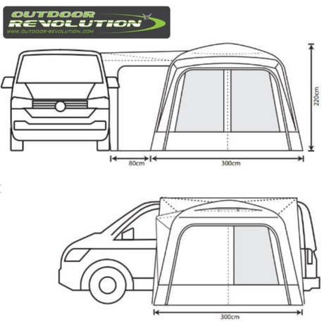 Outdoor Revolution Cayman Air Low Driveaway awning set up outside, featuring spacious fabric and air beams for easy installation.