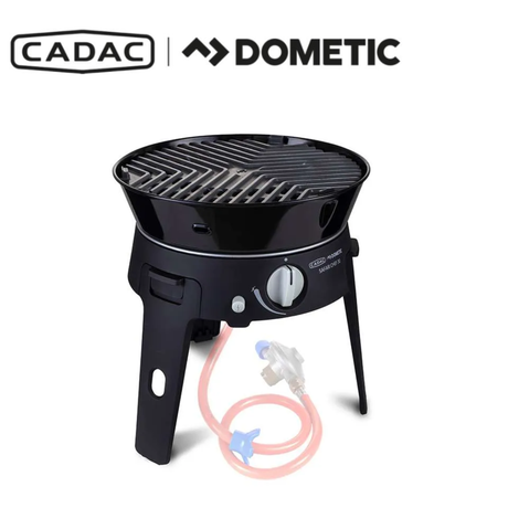 Cadac Dometic Safari Chef 30 LP Deluxe portable camping grill with cooking surfaces and control knobs in a compact design