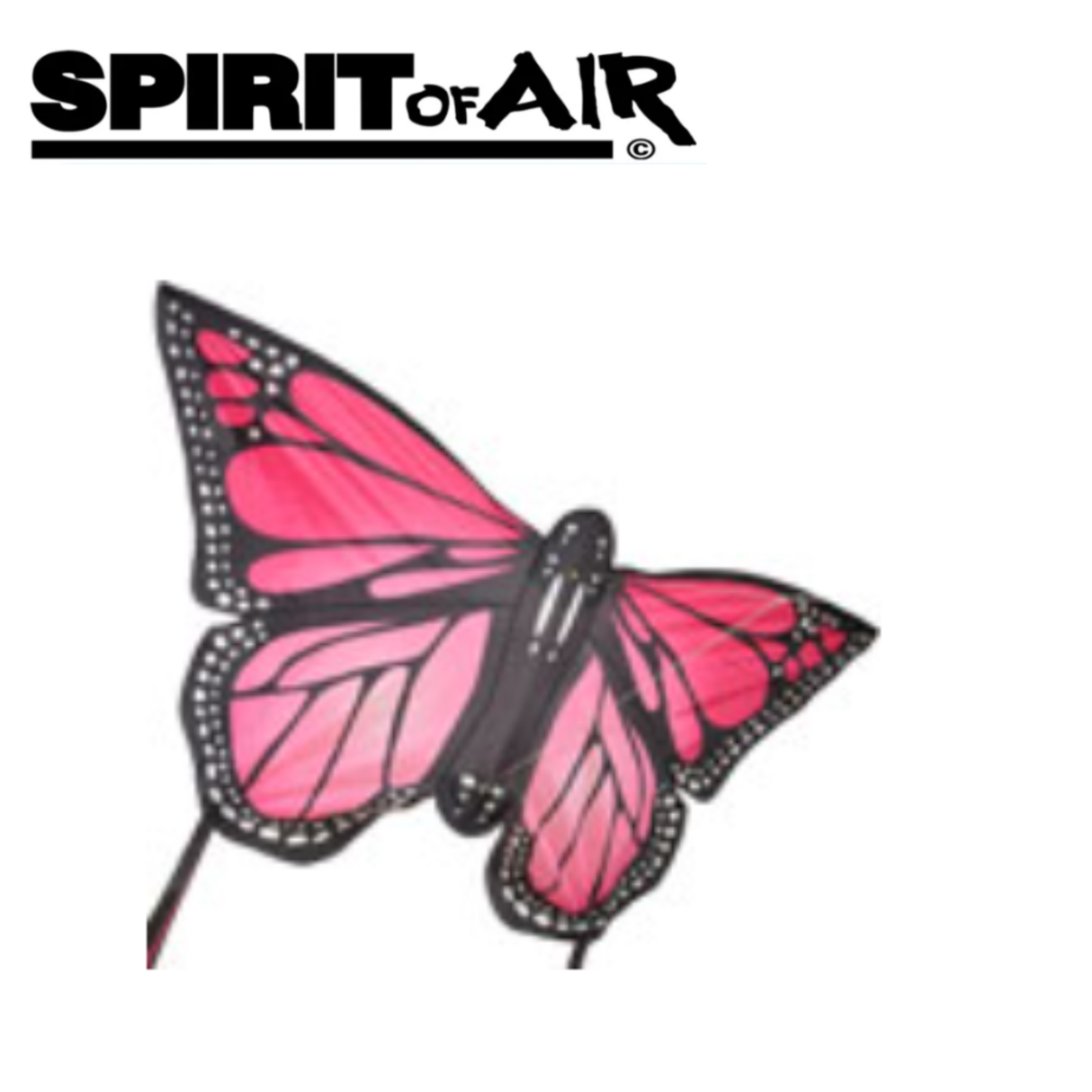 Large pink monarch butterfly kite from Spirit of Air soaring in the sky, vibrant and detailed with colorful wings.
