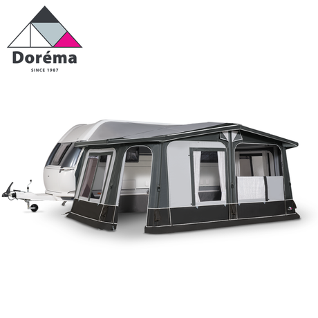 Dorema Luxor Air 280 seasonal air awning with an inflatable design and spacious living area, set up in a campsite.