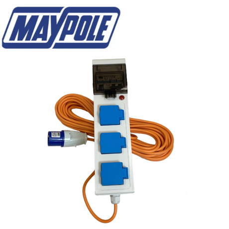 Maypole 230V 10A Mobile Mains Power Unit MP3765 with power switch and cable, designed for portable electrical applications.