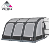 Dorema Magnum Air Force 390 all season air awning set up with spacious interior and robust design against a scenic backdrop.