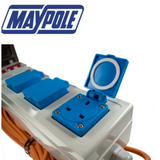 Maypole 230V 10A mobile mains power unit with handle and power switch, designed for portable electrical applications.
