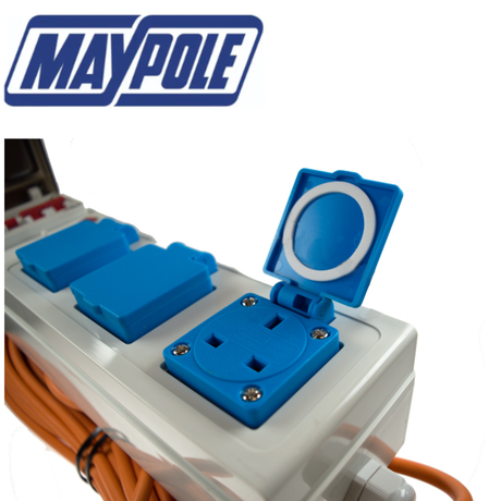 Maypole 230V 10A mobile mains power unit with handle and power switch, designed for portable electrical applications.