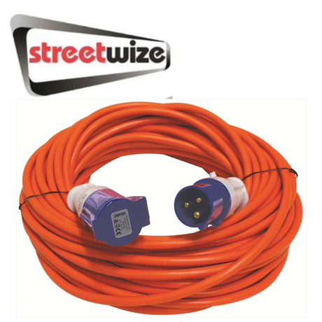 Streetwize mains lead extension cable, available in 10m or 25m lengths, with a durable design and multiple socket connections.