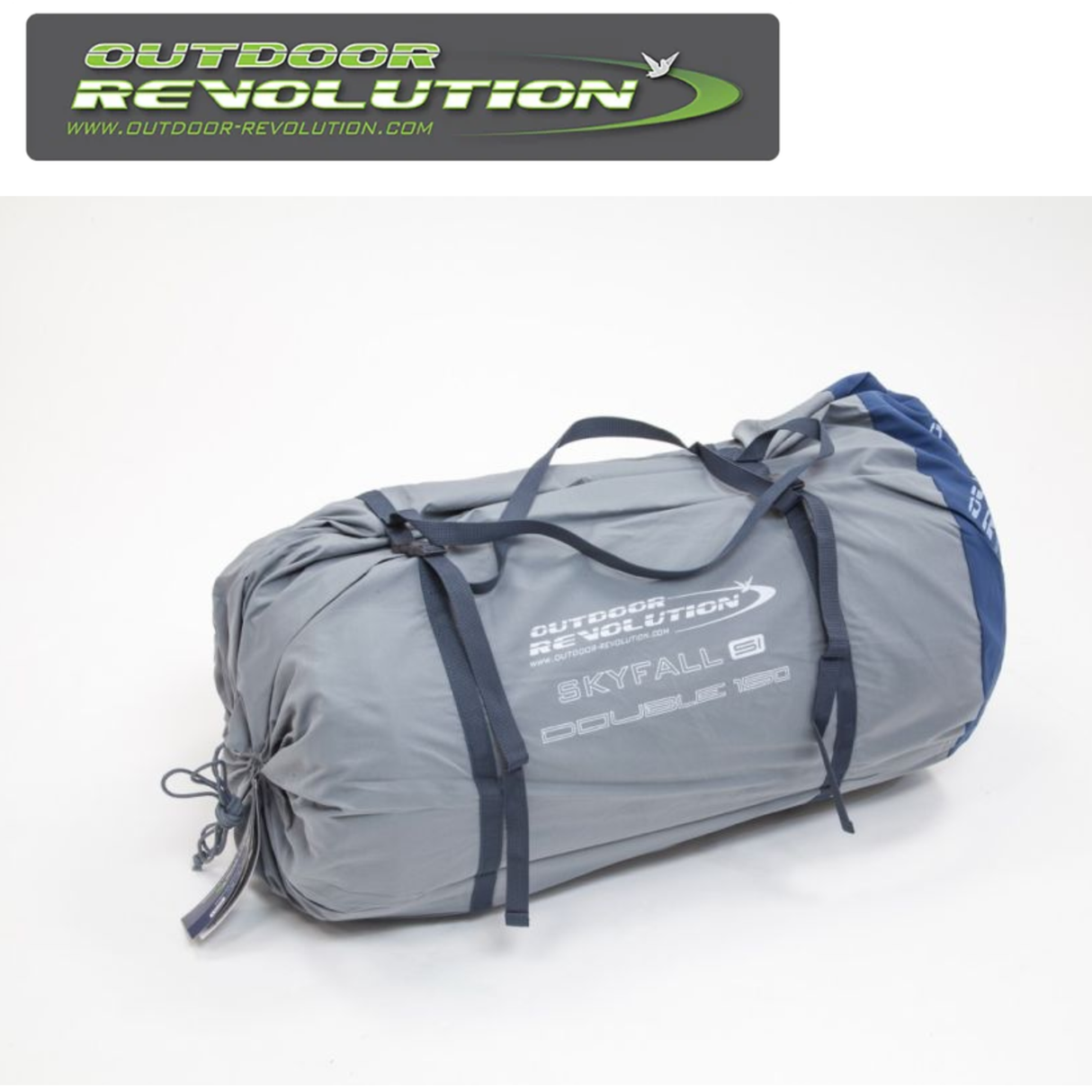 Outdoor Revolution Skyfall Double 150 self-inflating sleeping mat in a compact, rolled-up position on a grassy surface.