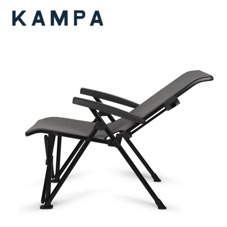 Kampa Meadow recliner chair in green or grey fabric, featuring a comfortable outdoor design with armrests and sturdy frame.