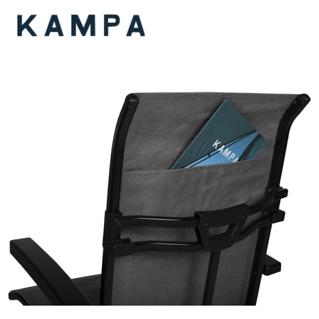 Kampa Meadow recliner chair in green and grey with padded armrests and foldable design, ideal for outdoor relaxation.
