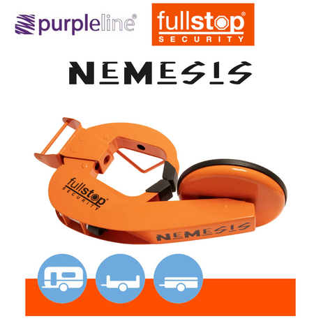 Purpleline Heavy Duty Nemesis Wheel Clamp securely locks vehicle wheels with a bright yellow and red design for visibility.