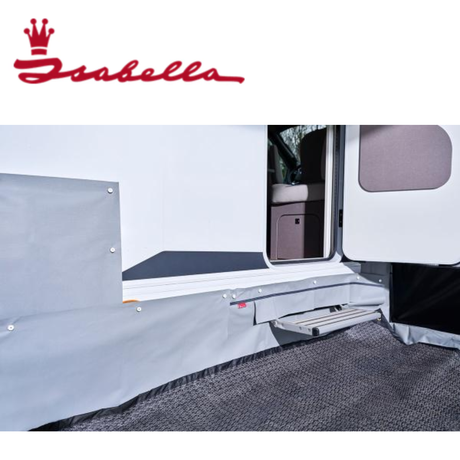 Isabella Motorhome Draught Skirt installed around the base of a motorhome to prevent drafts and improve insulation.