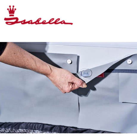 Isabella Draught Skirt for motorhome, showing durable fabric and secure fit around the vehicle for insulation and wind protection.