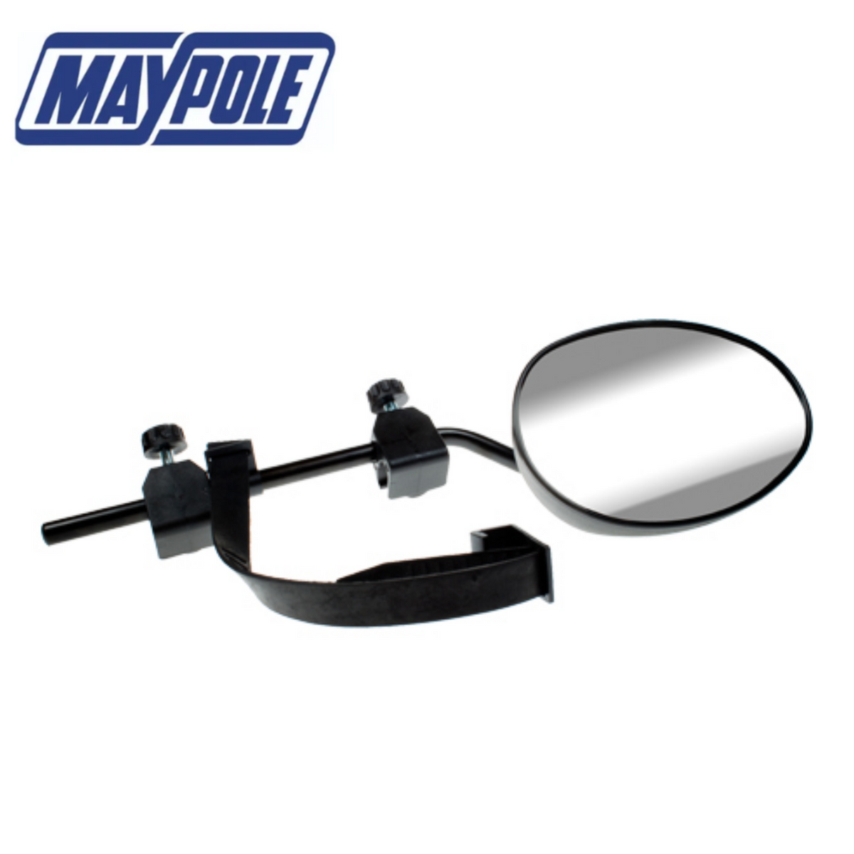 Maypole Deluxe Towing Mirror attached to a vehicle, providing enhanced rear visibility for towing applications.
