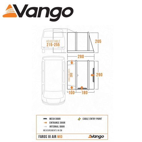 Vango Faros III Air Mid Driveaway Awning set up beside a camper van, showcasing spacious design and airframe structure.