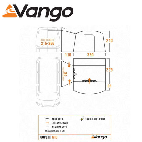 Vango Cove III Air Mid Driveaway Awning set up beside a campervan, showcasing its spacious design and durable fabric.