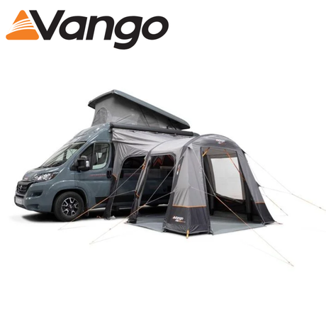 Vango Faros III Air Mid Driveaway Awning set up beside a camper van, showcasing its spacious design and durable material.