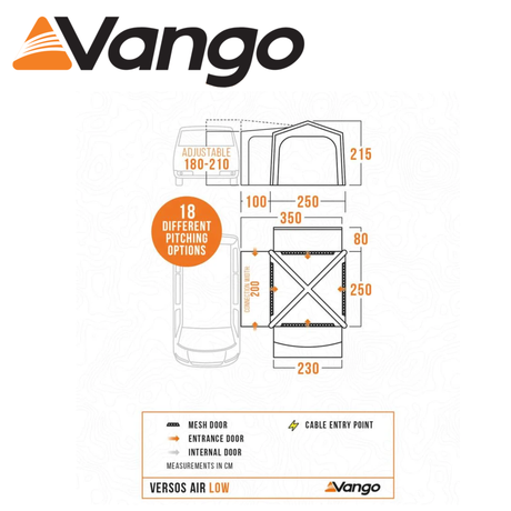 Vango Versos Air Mid Driveaway Awning set up beside a campervan, showcasing spacious design and inflatable structure.