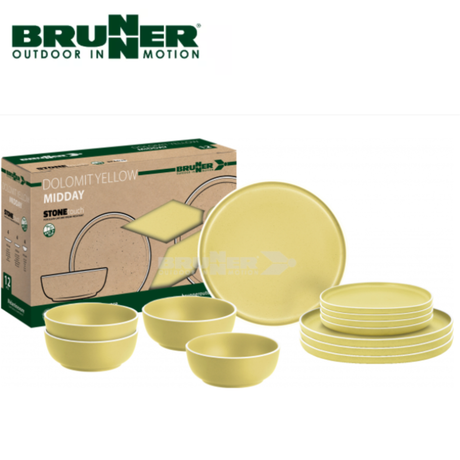 Brunner Dolomit Yellow Midday 12-piece melamine dinnerware set with yellow and white geometric patterns on plates and bowls.