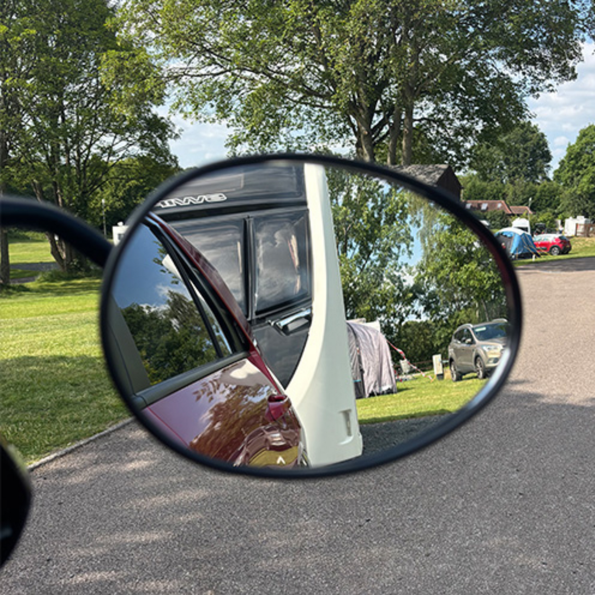 Maypole Deluxe Towing Mirror showing a large adjustable side mirror for vehicle towing enhancement