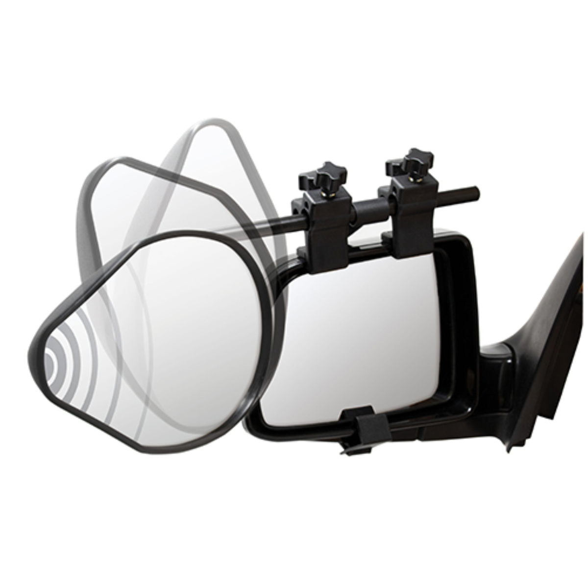 Maypole Twin Pro View Towing Mirrors with convex lenses, designed for enhanced rear visibility and secure attachment to vehicles.