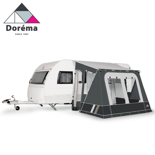 Dorema Mistral porch awning featuring a sturdy 25mm steel frame, showcasing its design and structure in the image.