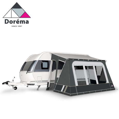 Dorema Mistral XL porch awning with a sturdy 28mm steel frame, showcasing its spacious design and durable construction.