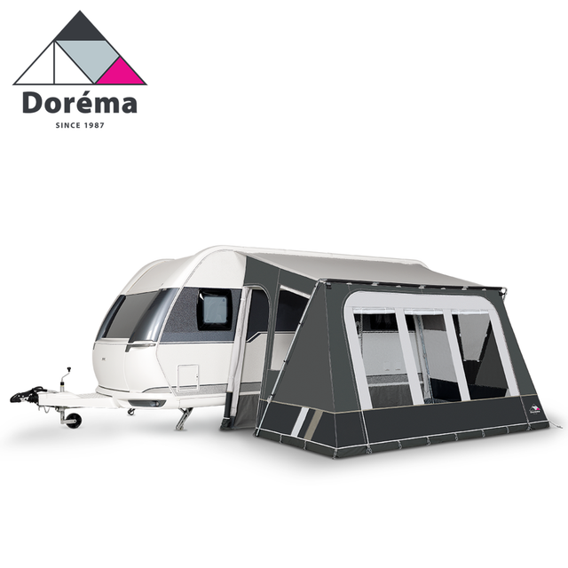 Dorema Mistral XL porch awning with a sturdy 28mm steel frame, showcasing its spacious design and durable construction.