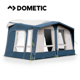 Dometic Mobil Air Pro 361/391 air awning set up on a campsite, showcasing its lightweight, durable fabric and inflatable frame.