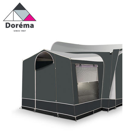 Dorema Monza DeLuxe Annex featuring a rear door, designed for XL270 and XL300 models, showcasing durable fabric and spacious design.