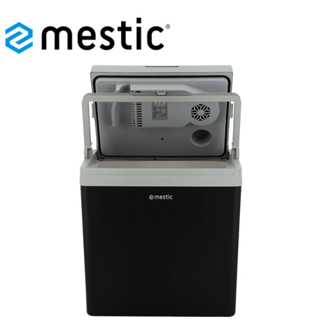 Mestic Cool Box thermoelectric MTEC-28 AC/DC with portable design, showing the sleek black exterior and control panel.