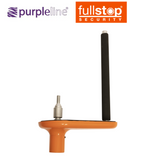Purpleline Purpline Fullstop Nemesis Ultra Wheel Lock secured on vehicle wheel, showcasing heavy-duty metal construction and locking mechanism.