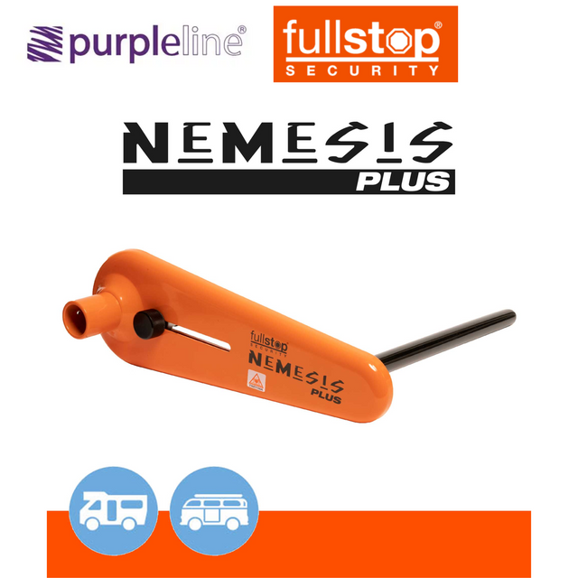 Purpleline Nemesis Plus Wheel Lock with a sturdy design and bright yellow color for enhanced vehicle security.