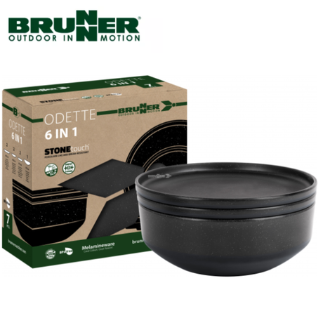 Brunner Odette 6-in-1 black melamine dinnerware set shown in the image with various plates and bowls.