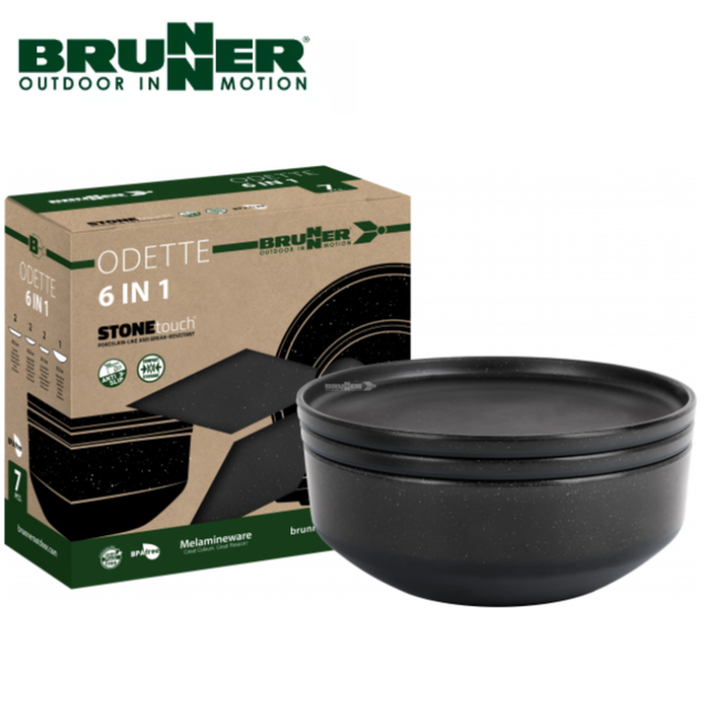 Brunner Odette 6-in-1 black melamine dinnerware set shown in the image with various plates and bowls.