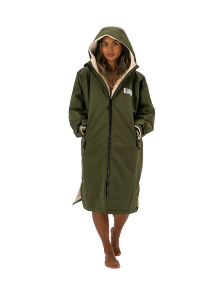 Olive green Beachbum changing robe for adults, featuring a comfortable design perfect for beach or poolside use.