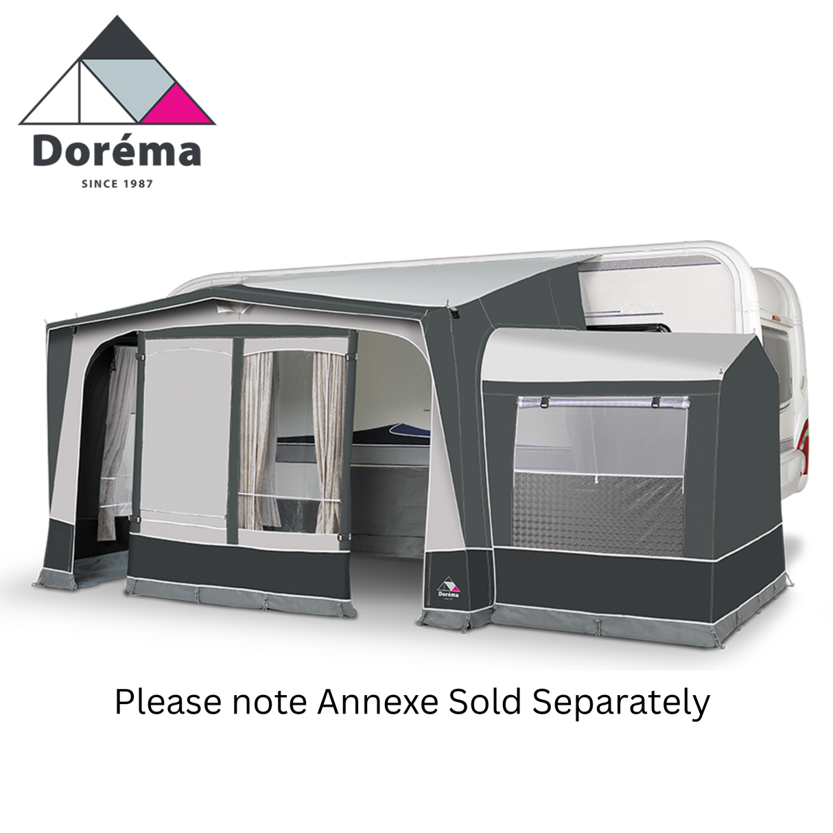 Dorema Omega Deluxe all season porch awning displayed in a sunny outdoor setting, showcasing its sturdy design and fabric.