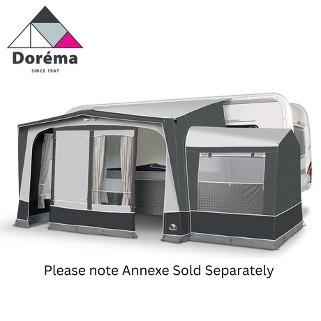 Dorema Omega Deluxe all season porch awning displayed in a sunny outdoor setting, showcasing its sturdy design and fabric.