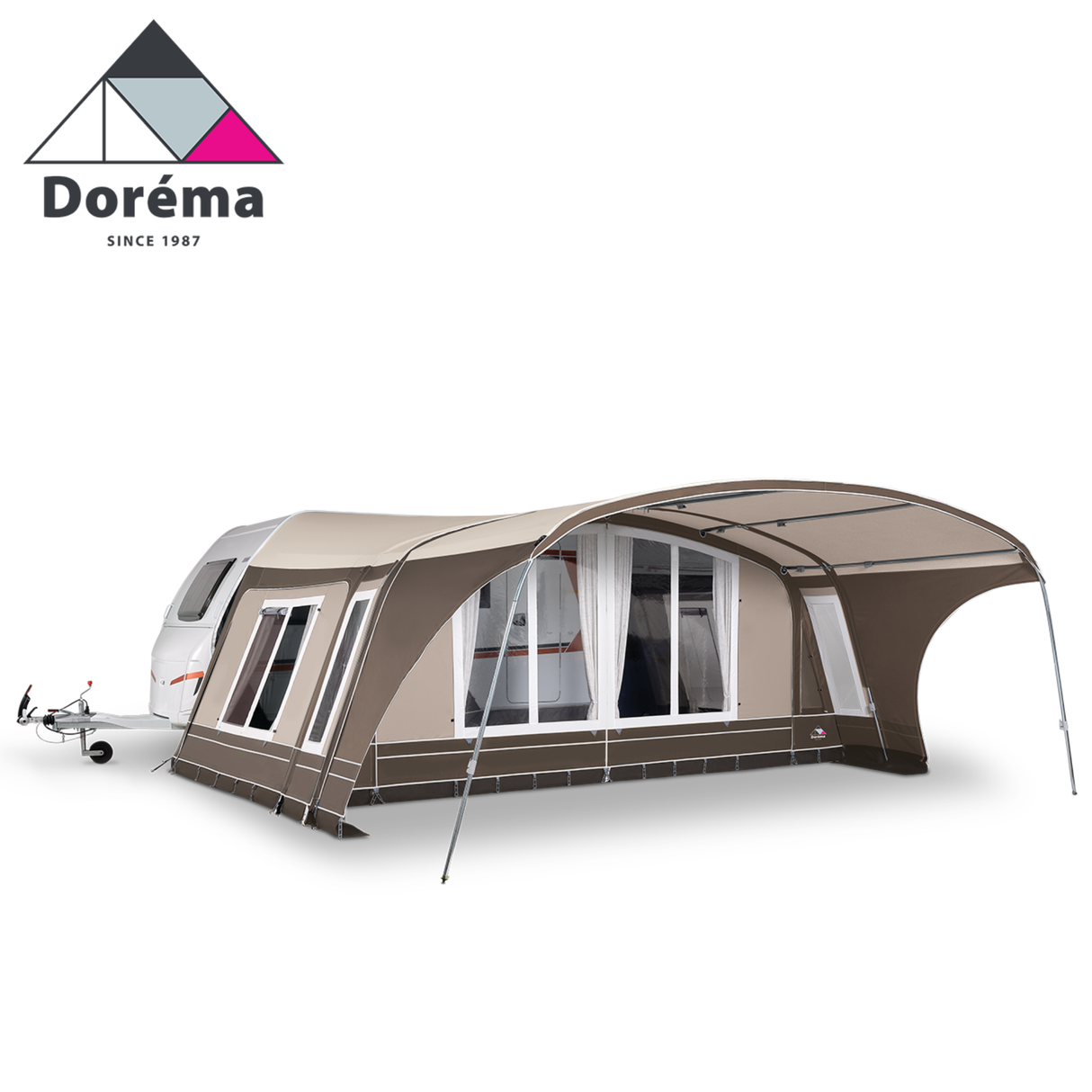 Dorema Onyx 270 seasonal awning with a sturdy 28mm frame, designed for caravans, showcasing its spacious shelter design.