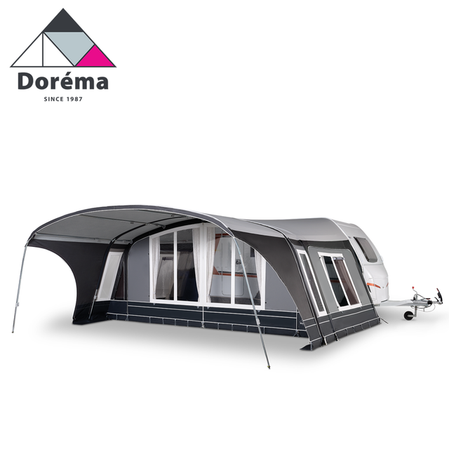 Dorema Onyx 270 front canopy with a sturdy steel frame, shown set up for outdoor use in a garden setting.